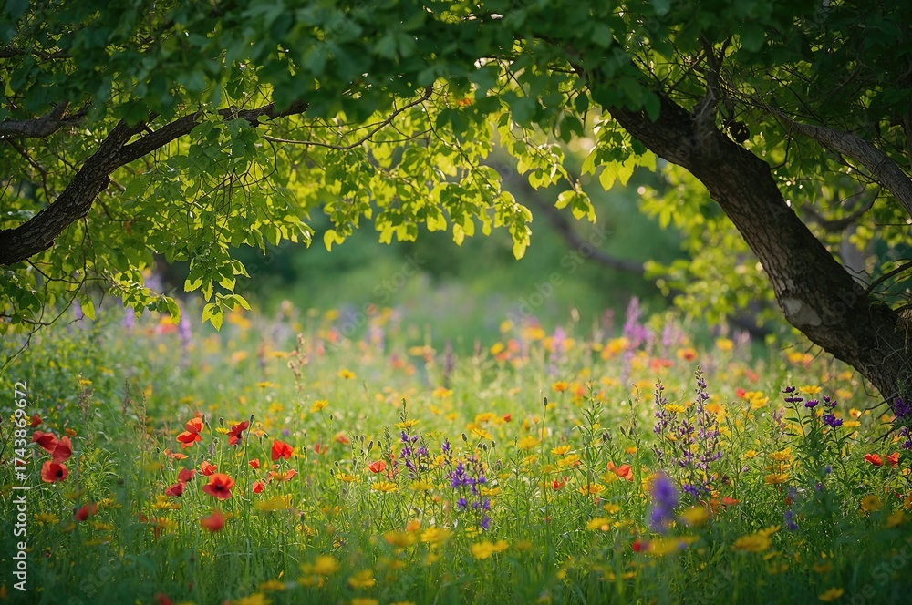 Obraz premium Lush green meadow sprinkled with bright blossoms and surrounded by rich foliage, offering a tranquil natural retreat.