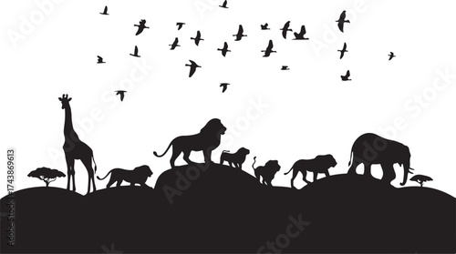 Black silhouette safari animals and birds on white background