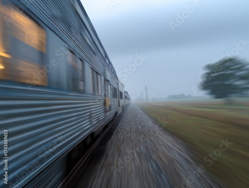 A train moves swiftly along a foggy landscape, creating a sense of motion and adventure in a serene environment.