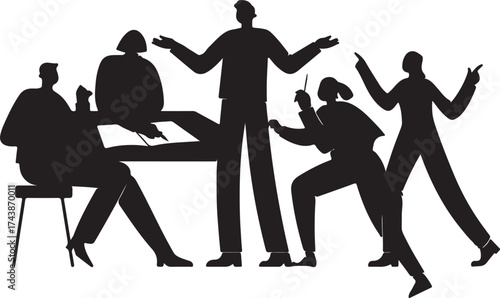Five black silhouettes of people in discussion around a table
