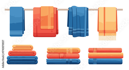 Various clean folded and hanging towels in different colors and textures.