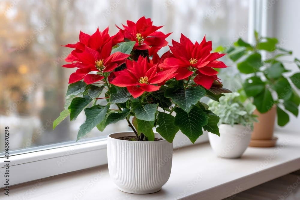 Fototapeta premium Poinsettia plant decorating windowsill during Christmas season