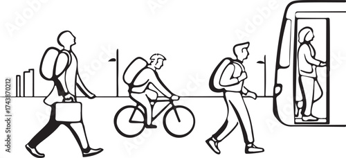 People commuting by foot bicycle and public transport