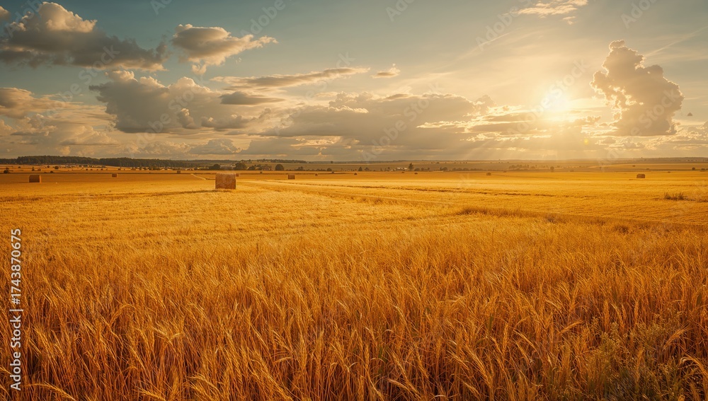 Obraz premium Panoramic countryside scene featuring golden wheat haystacks under a bright autumn sky with clouds