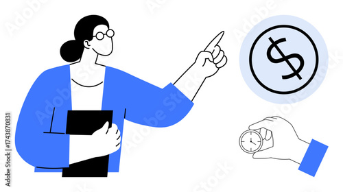 Businesswoman pointing at dollar sign representing financial goals, while hand holds clock for time management. Ideal for finance, business strategy, investment, planning, goal setting, productivity