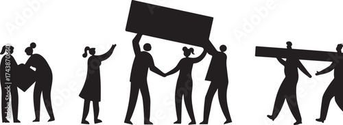 Silhouettes of people carrying and holding large objects