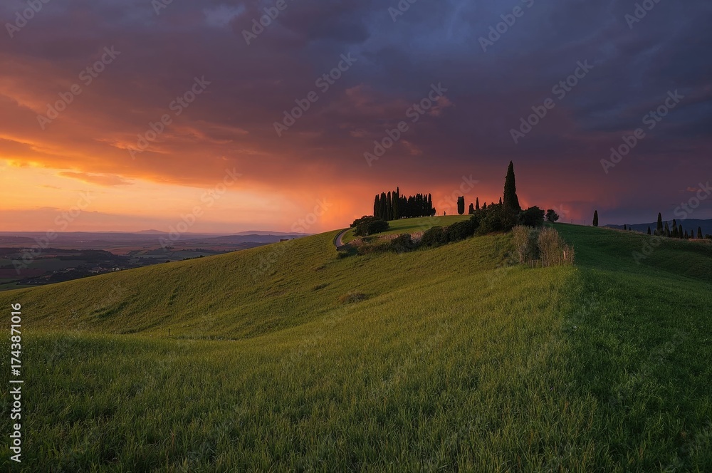 Fototapeta premium Hill in the countryside glowing at sunset post-storm