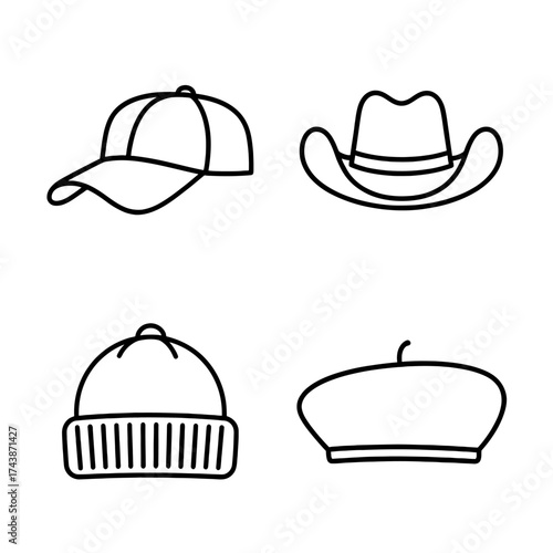 Simple Outline Hat Icon Set – Baseball, Cowboy, Beanie, Beret