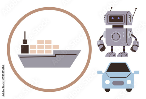 Cargo ship in a circle, robot with antennas, and blue car highlight modern transport and AI themes. Ideal for technology, automation, robotics, shipping, logistics innovation futuristic design. A