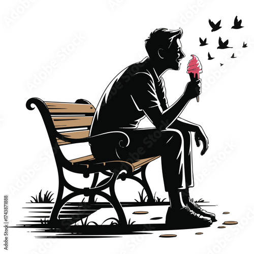 Silhouette of a man sitting on a park bench enjoying a pink ice cream cone while small birds fly around him