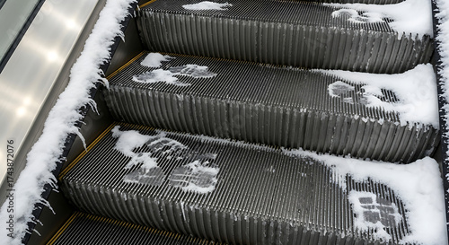 Close up of snow on escalator steps in winter