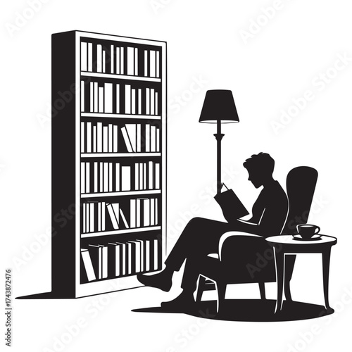 Silhouette of a person reading a book in a comfortable armchair next to a tall bookshelf and a lamp