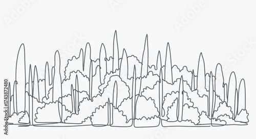 A line drawing of a dense cluster of trees and bushes, creating a natural landscape silhouette.
