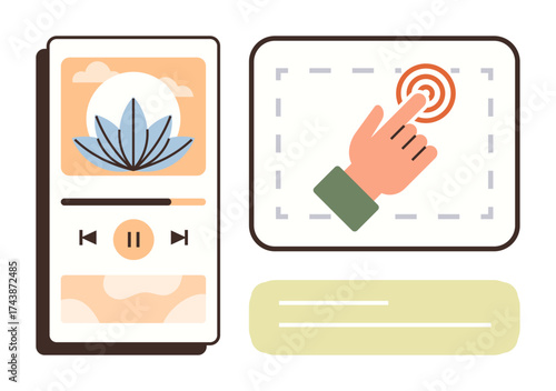 Media player with floral design and control buttons, alongside hand tapping a target icon. Ideal for user interface, technology, interactivity, apps, digital design, innovation, simple flat metaphor