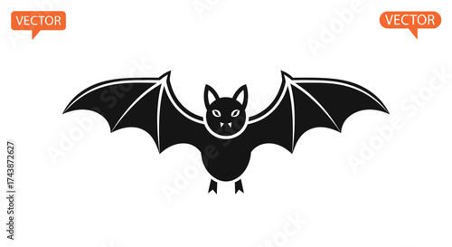 A stylized black bat silhouette with outstretched wings, vector illustration, isolated on white background.