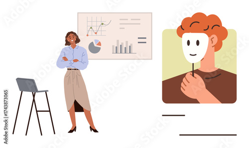 Woman standing by charts and graphs presenting analytics, next to an illustration of a person holding a mask. Ideal for business insights, analytics, identity, professionalism, data privacy, hidden
