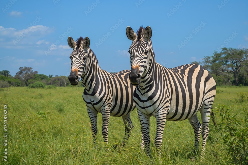 Fototapeta premium A pair of zebras in a grassy area