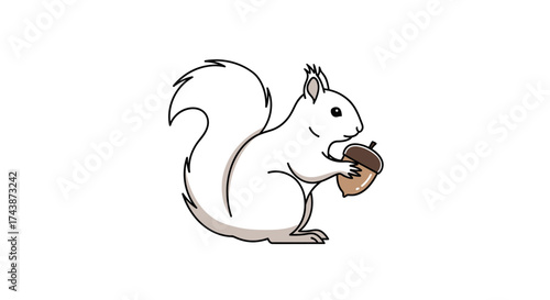 A white cartoon squirrel holding a brown acorn against a plain white background.