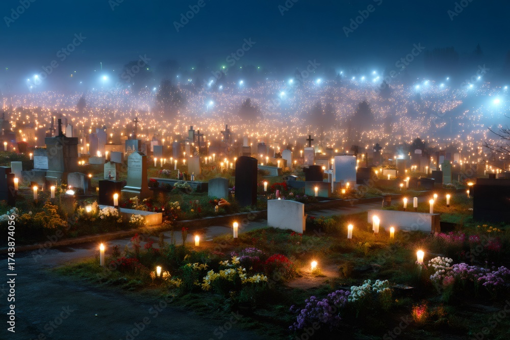 Fototapeta premium Cemetery illuminating with candles for All Saints' Day