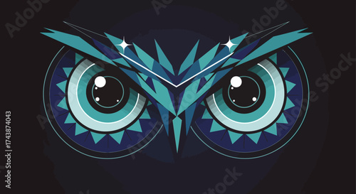 Geometric illustration of an owl's face with large eyes, intricate shapes, and a dark background.