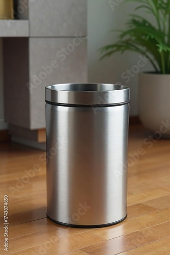 Wallpaper Mural Sleek Brushed Steel Wastebasket on Polished Wood Floor Modern Minimalist Design for Home or Office Torontodigital.ca