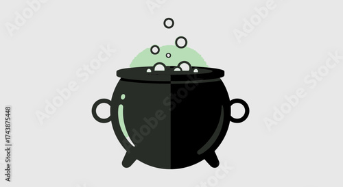 A black cauldron with bubbling green liquid, suggesting a potion or brew, set against a light background.