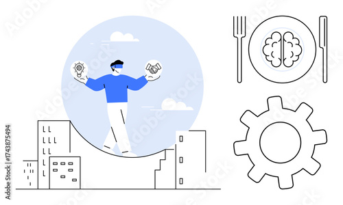 Person walking balancing light bulb and handshake over cityscape, plate with brain, gear concept. Ideal for innovation, teamwork, strategy, mindfulness, urban challenges, productivity