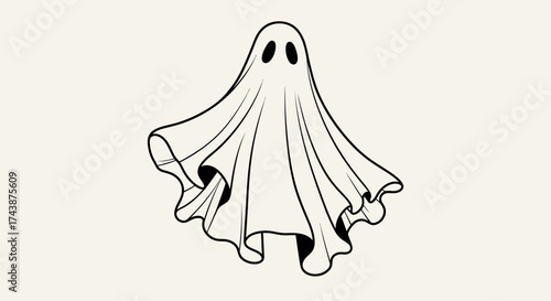 A simple, black and white illustration of a floating ghost.