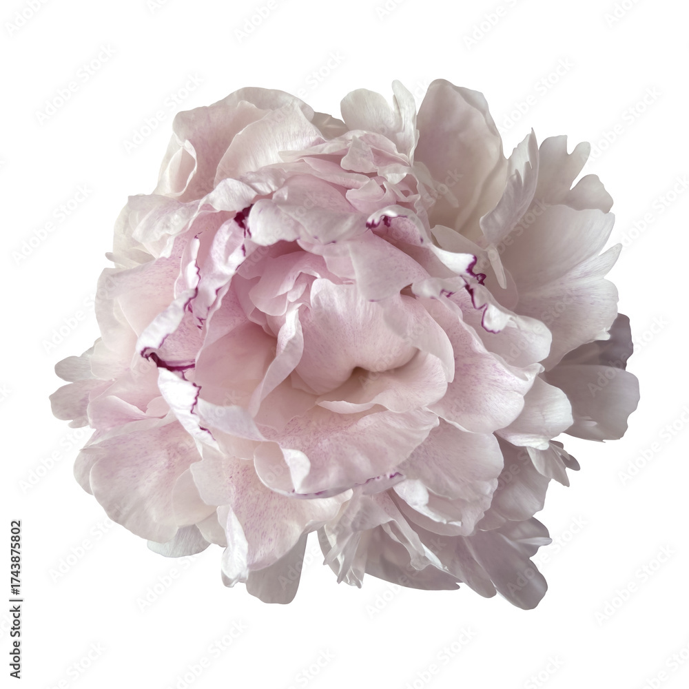 Naklejka premium Peony flower head, delicate summer garden plant in blossom for floral arrangements, cards, wedding design, collages, frames creation, isolated object cut out with clipping path, soft selective focus