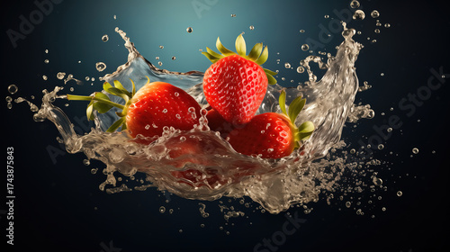 Fresh Strawberries Dive into Water, Creating a Colorful Splash