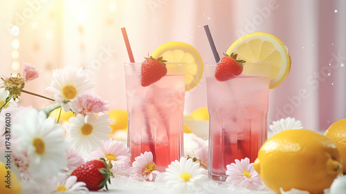 Refreshing Icy Drink with Lemon and Strawberry