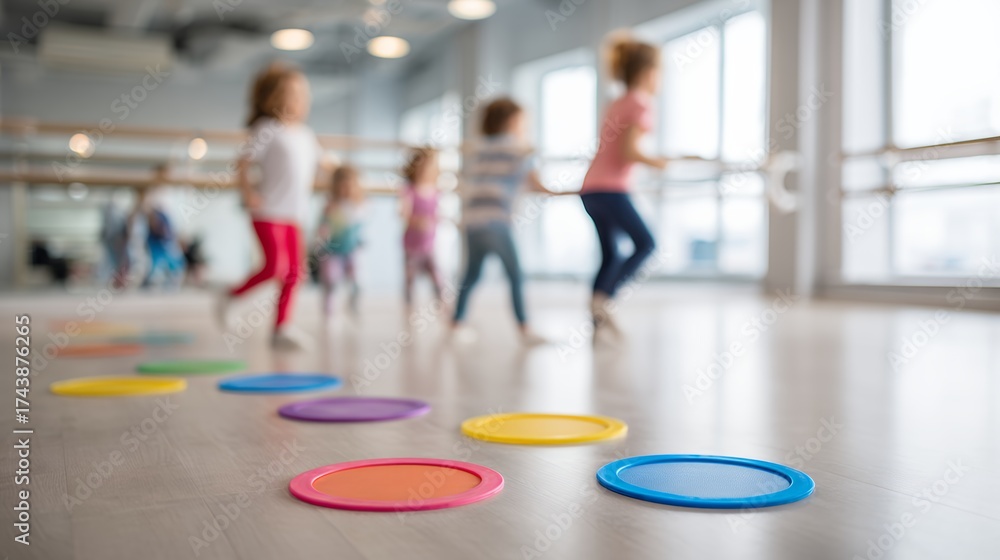Fototapeta premium children play hopscotch indoors