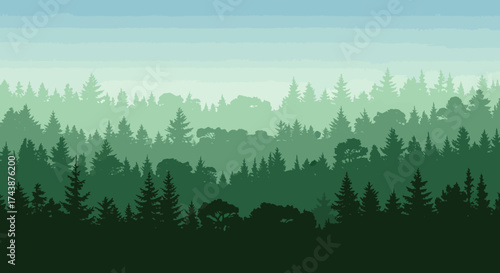 A layered forest illustration with evergreen trees fading into the distance under a light blue sky.
