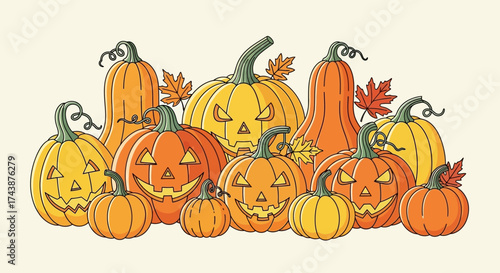 Illustration of various carved pumpkins, some with faces, alongside autumn leaves, arranged in a group.