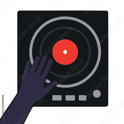 Close-up of a DJ hand spinning a vinyl record on a turntable