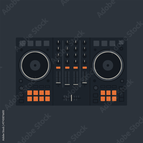 Overhead flat composition of a professional two-deck DJ console with central mixer—knobs, faders, jog wheels, performance pads, and simple LEDs