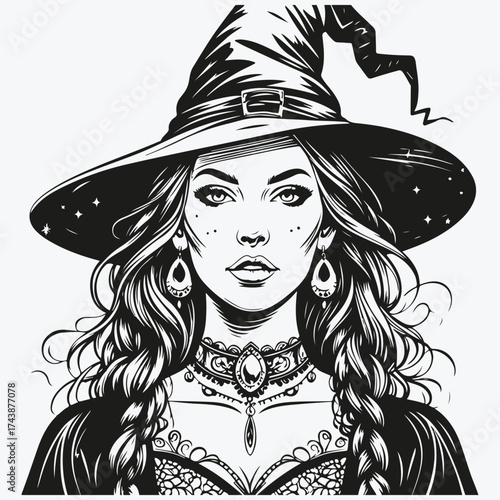 beautiful witch portrait sketch illustration vector