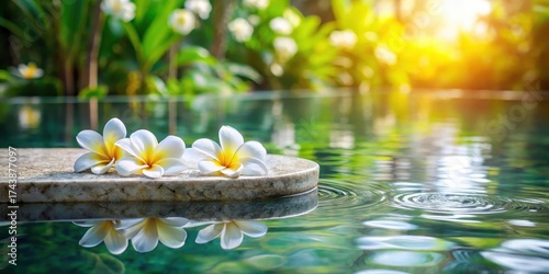 Marble platform on water with plumeria flowers, serene and peaceful atmosphere, tropical garden scene, ambiance, garden
