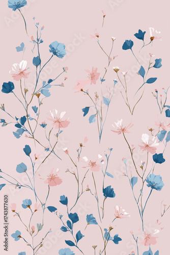 Pastel floral pattern with delicate blue and pink wildflowers art