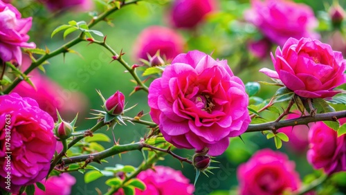 A close-up of a thorny rose bush in full bloom with vibrant pink petals and delicate green foliage surrounding the thorns , flora , flower arrangement