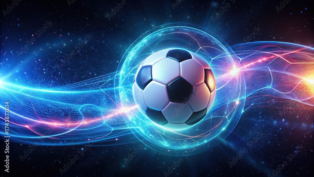 Fototapeta premium Futuristic neon-lit soccer ball hovering in space with glowing energy lines and swirling patterns, energy