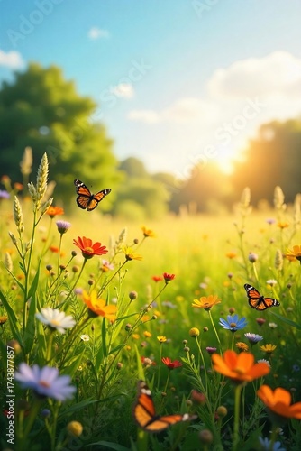 Wallpaper Mural Golden Sunlight Bathes Vibrant Summer Meadow Wildflowers in Bloom, Butterflies Dancing Amongst Tall Grasses. Idyllic Summer Scene, Perfect for Nature, Travel, and Relaxation Themes. Torontodigital.ca