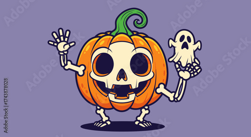 A cheerful pumpkin skeleton with a ghostly companion, waving hello and celebrating.