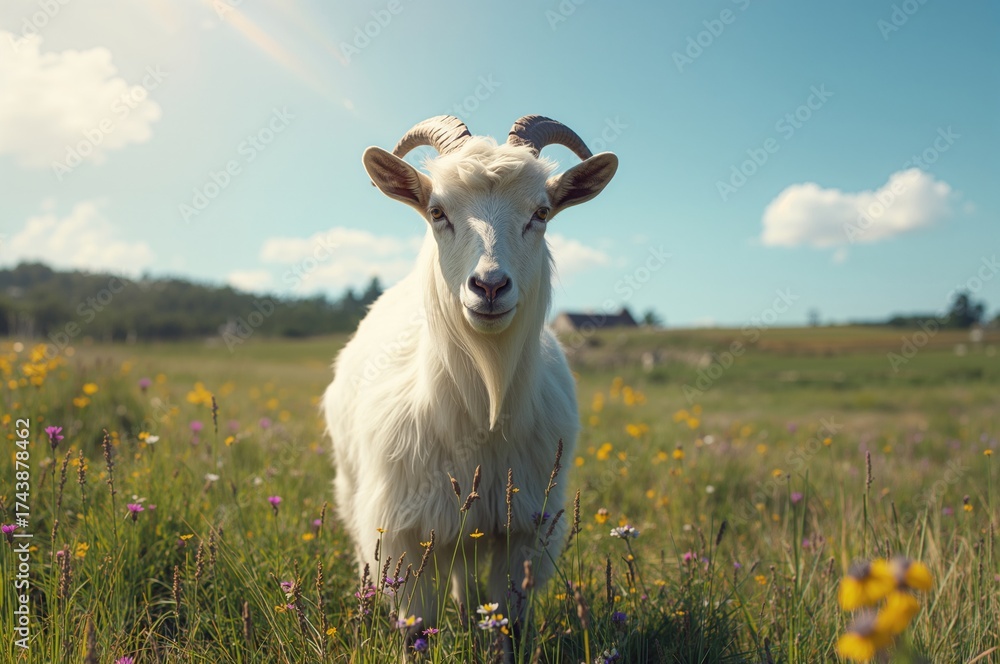 Obraz premium Long-haired white goat with horns grazing on a lush green field under bright summer sunlight