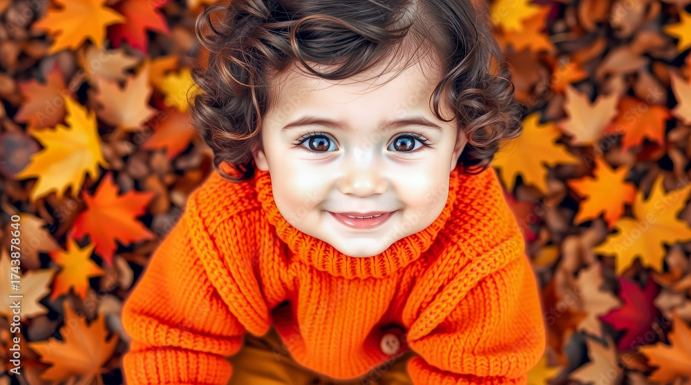 Fototapeta premium Cute little girl in cozy orange knitted sweater and bright autumn leaves at background