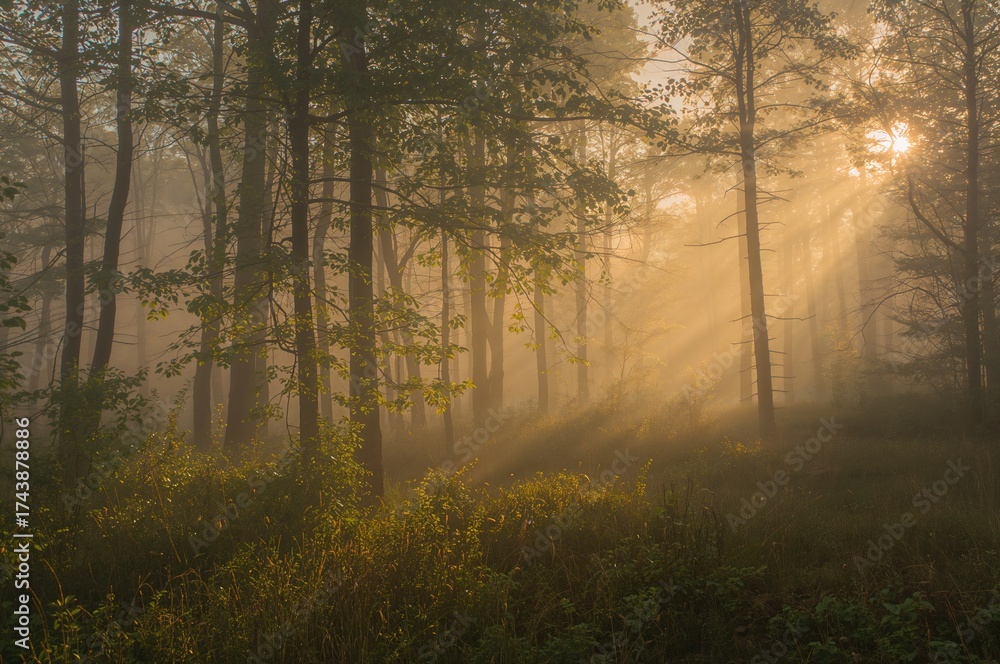 Obraz premium Sunlight piercing through morning mist in the trees