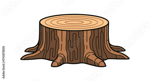 A detailed illustration of a tree stump, showcasing the textured bark and circular growth rings.