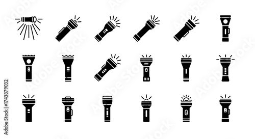 A collection of various flashlight icons in a simple black and white style, suitable for design elements, illustrating illumination, and representing portable lighting devices in a digital context.