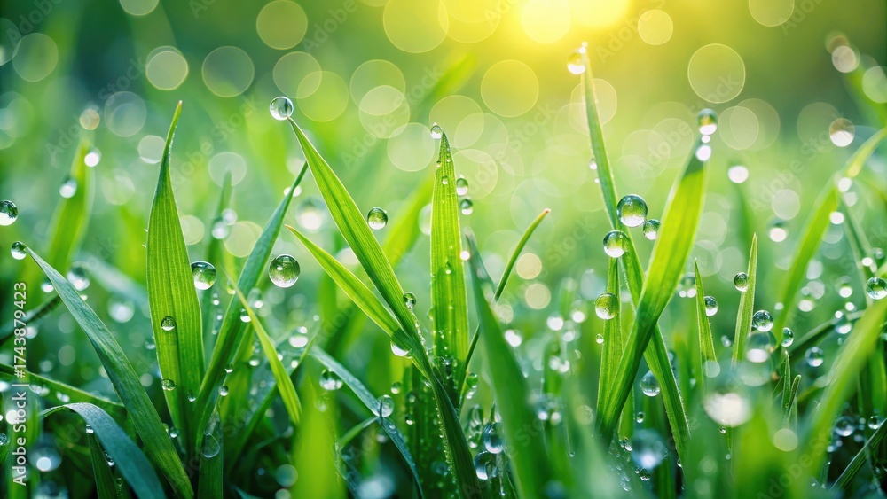 Fototapeta premium lush green grass with dew drops on surface, natural, foliage, natural, foliage, fresh, environment, verdant, grassland