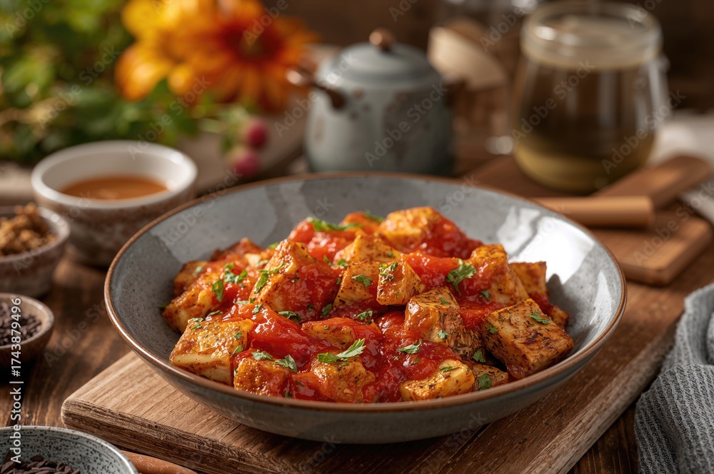 Fototapeta premium Plant-based cuisine featuring tofu and spicy red sauce
